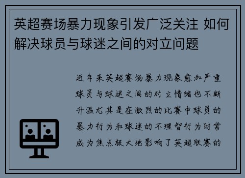 英超赛场暴力现象引发广泛关注 如何解决球员与球迷之间的对立问题